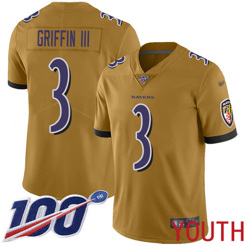 Baltimore Ravens Limited Gold Youth Robert Griffin III Jersey NFL Football #3 100th Season Inverted Legend->youth nfl jersey->Youth Jersey
